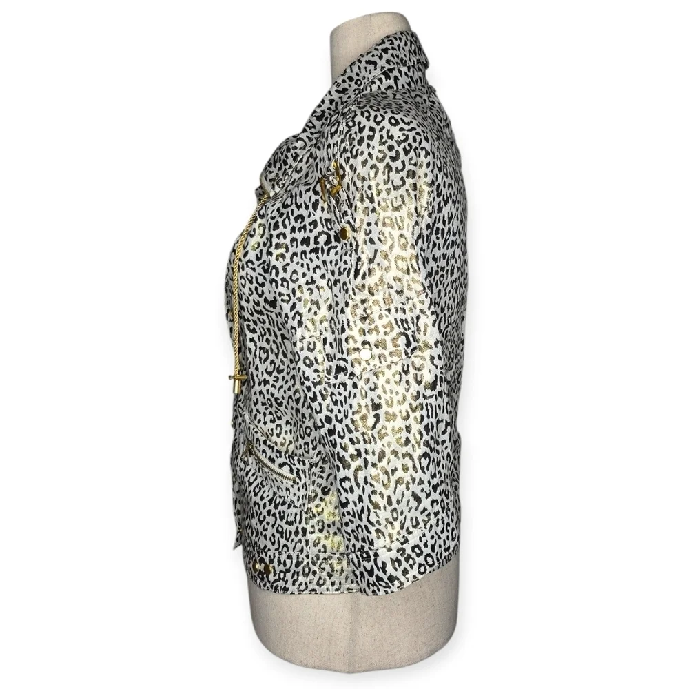Vintage Just B Leopard Print Linen Jacket Gold Trim M 90s Y2K